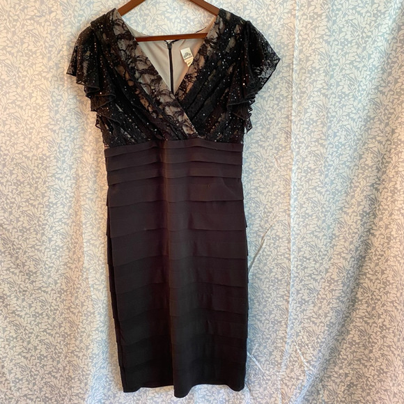Signature by Sangria Dresses & Skirts - Sangria Womens Sheath Dress Black Pleated Flutter Sleeve Sequin Ruffle Lace 10